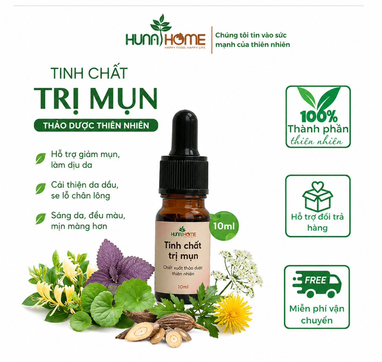 Tinh chất trị mụn Huna's Home – Giải pháp chăm sóc da mụn từ thảo dược thiên nhiên