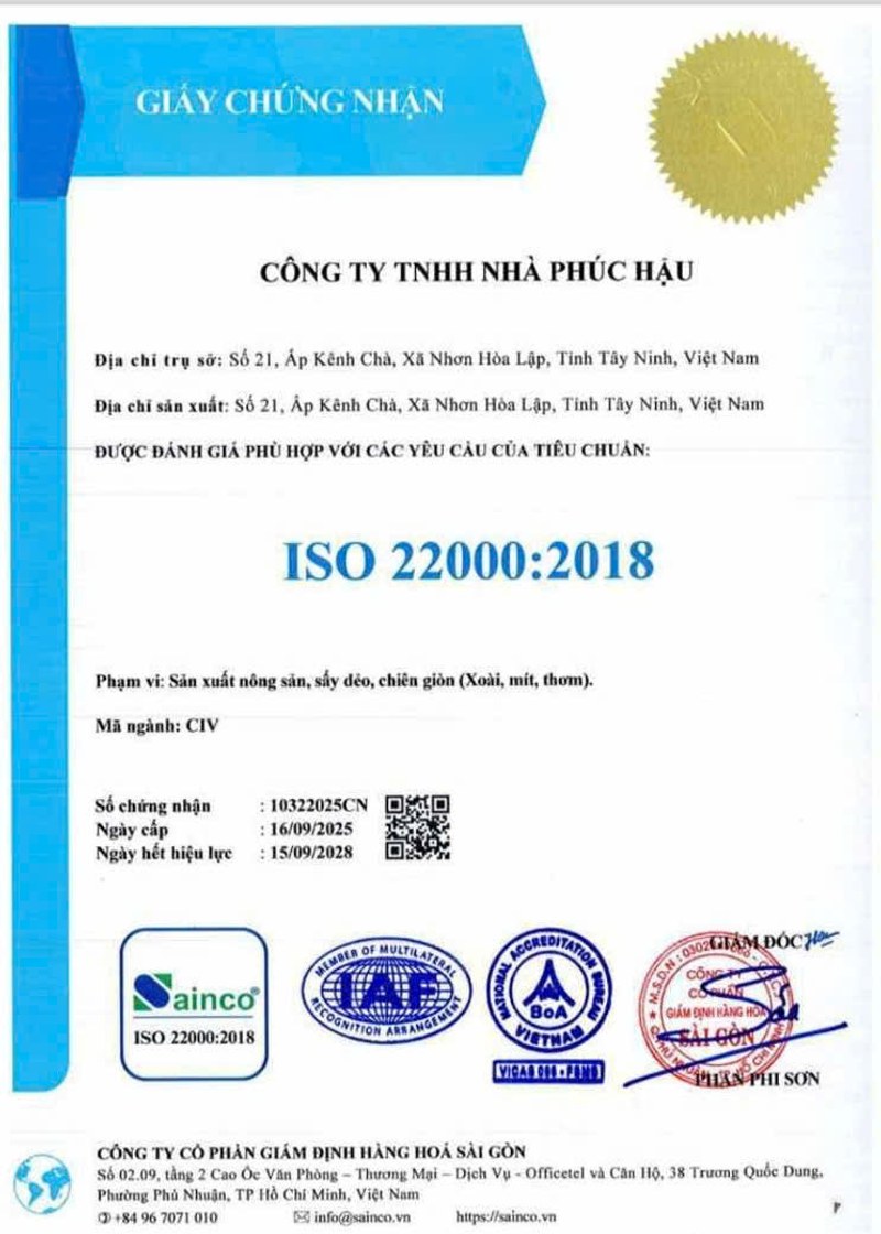 Chứng nhận ISO 22000:2018 - Xoài sấy dẻo